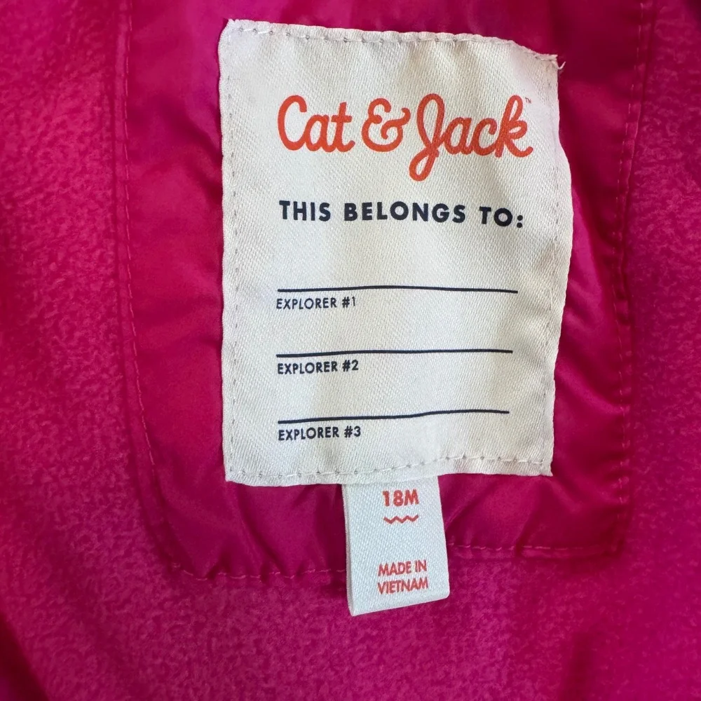 Cat & Jack Toddler Girls Light Blue Pink Heart Puffer Jacket Hooded Coat 18M